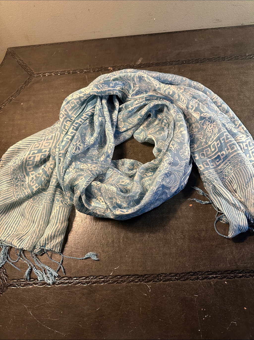 Light Blue Patterned 100 Silk Scarf